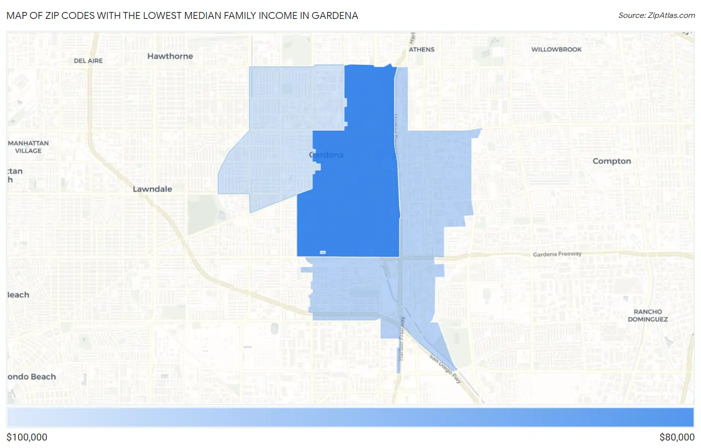 Zip Codes with the Lowest Median Family Income in Gardena Map