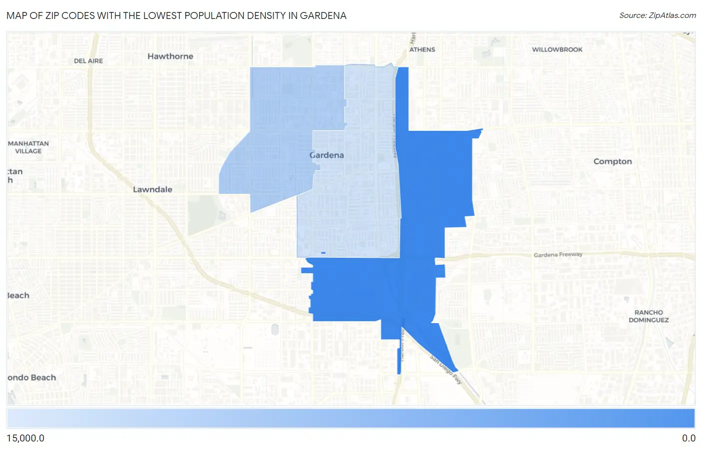 Zip Codes with the Lowest Population Density in Gardena Map