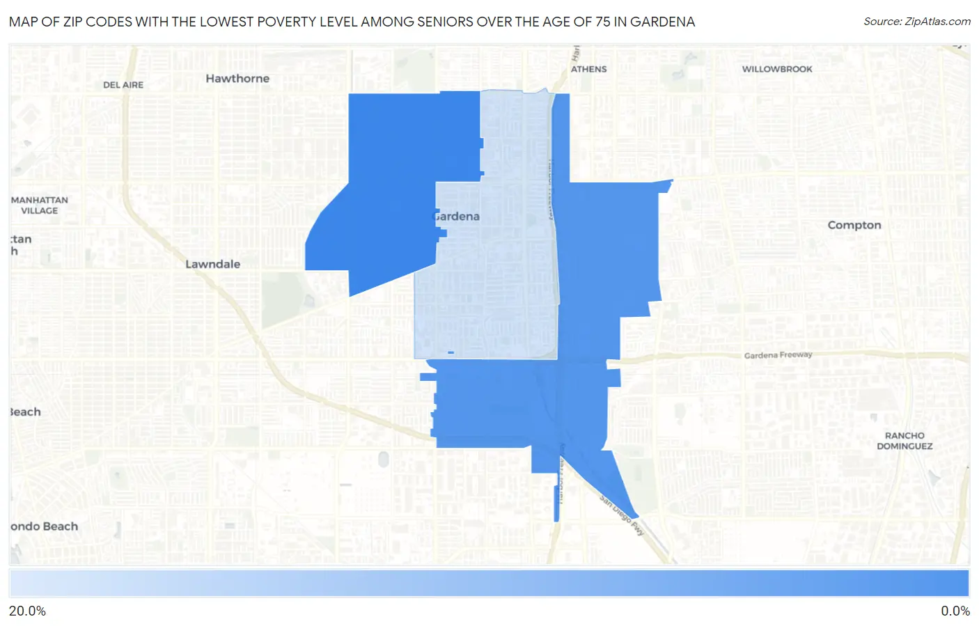 Zip Codes with the Lowest Poverty Level Among Seniors Over the Age of 75 in Gardena Map
