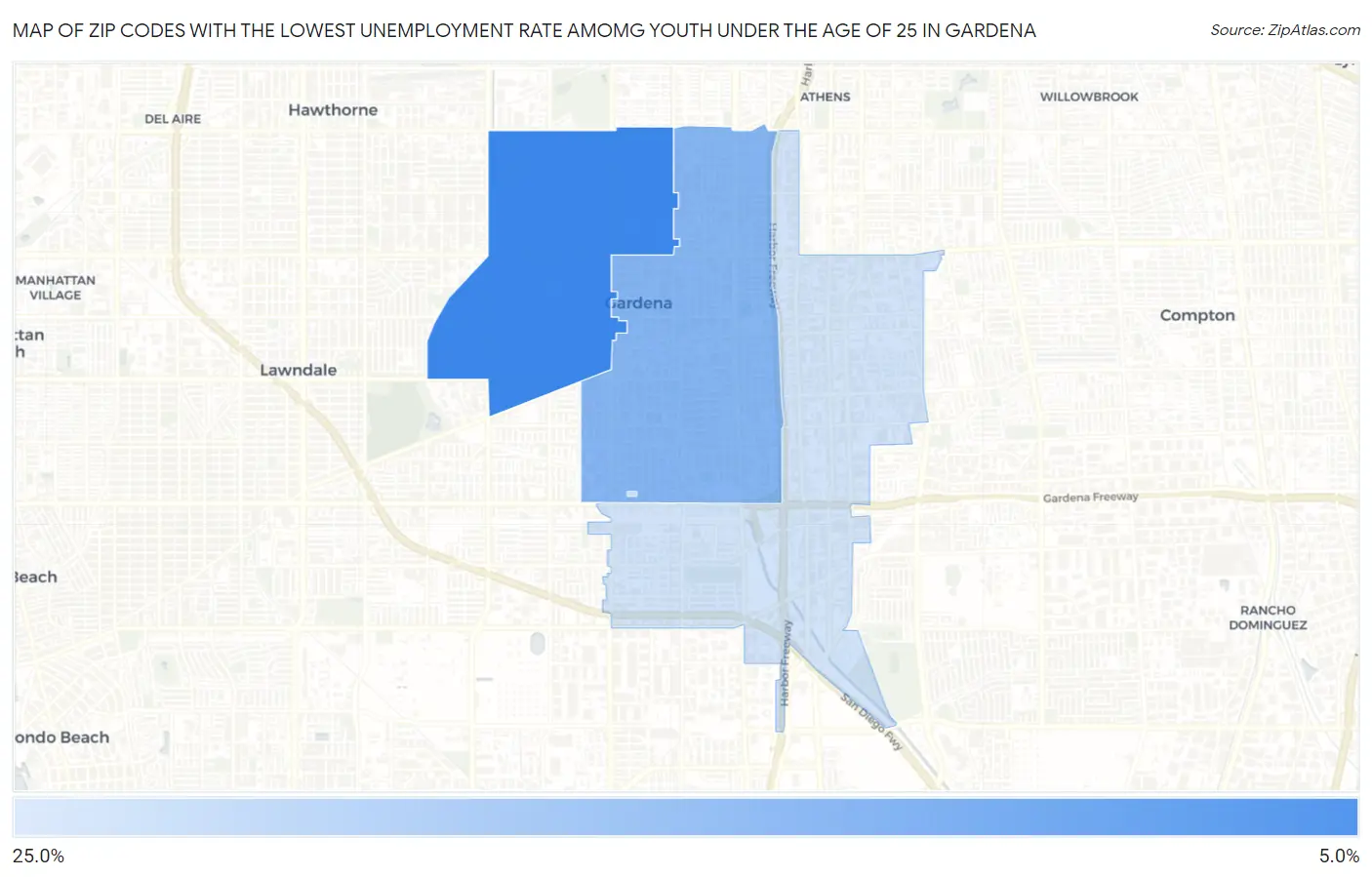Zip Codes with the Lowest Unemployment Rate Amomg Youth Under the Age of 25 in Gardena Map