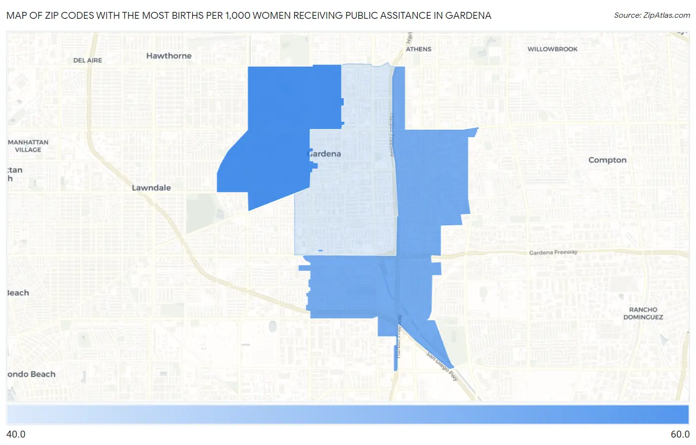 Zip Codes with the Most Births per 1,000 Women Receiving Public Assitance in Gardena Map