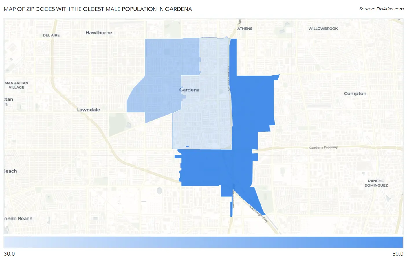 Zip Codes with the Oldest Male Population in Gardena Map