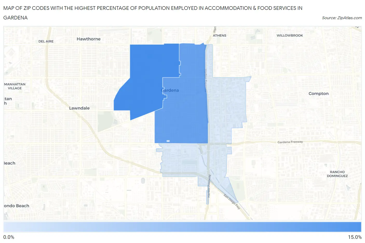 Zip Codes with the Highest Percentage of Population Employed in Accommodation & Food Services in Gardena Map