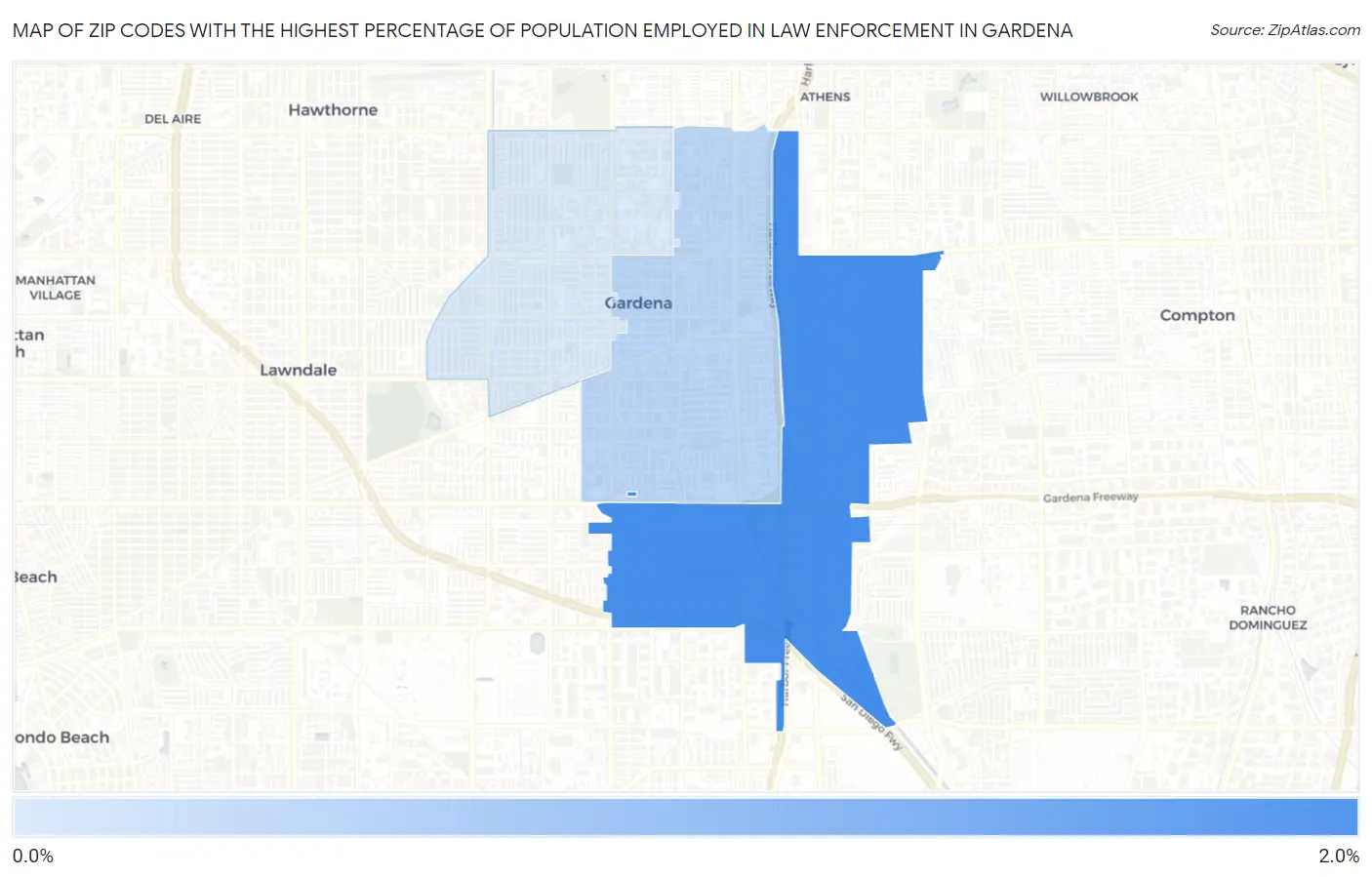 Zip Codes with the Highest Percentage of Population Employed in Law Enforcement in Gardena Map