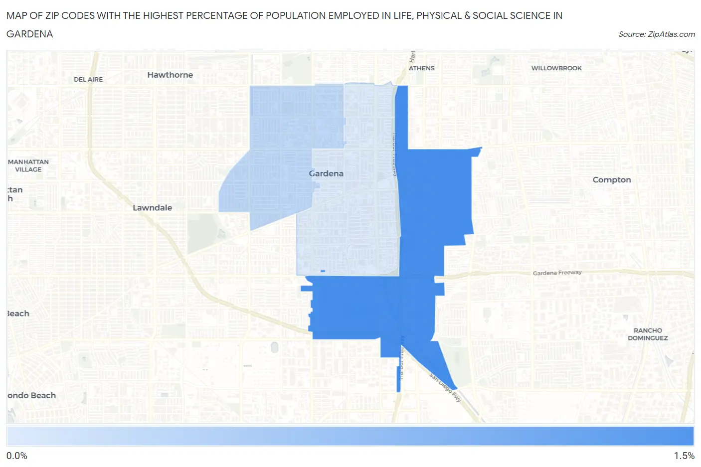 Zip Codes with the Highest Percentage of Population Employed in Life, Physical & Social Science in Gardena Map