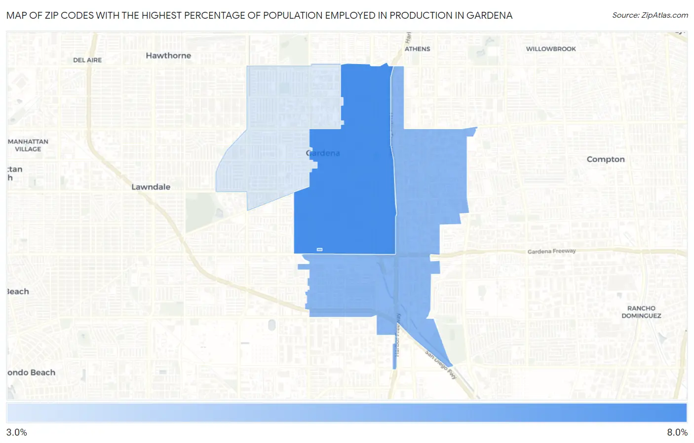 Zip Codes with the Highest Percentage of Population Employed in Production in Gardena Map