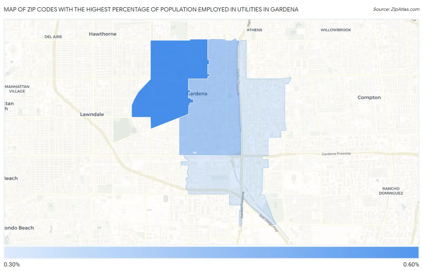 Zip Codes with the Highest Percentage of Population Employed in Utilities in Gardena Map