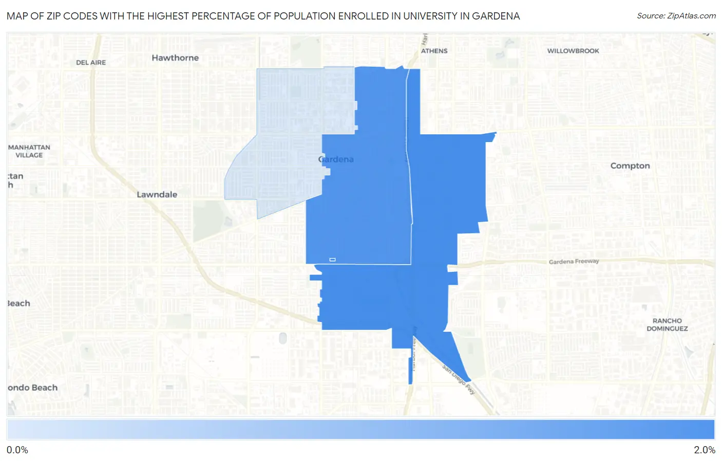 Zip Codes with the Highest Percentage of Population Enrolled in University in Gardena Map