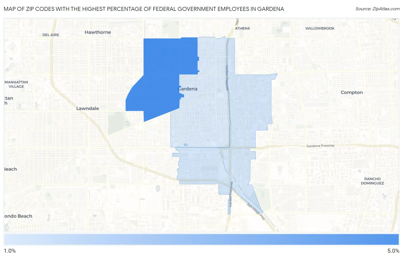Zip Codes with the Highest Percentage of Federal Government Employees in Gardena Map