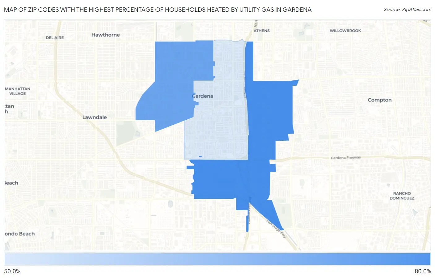 Zip Codes with the Highest Percentage of Households Heated by Utility Gas in Gardena Map