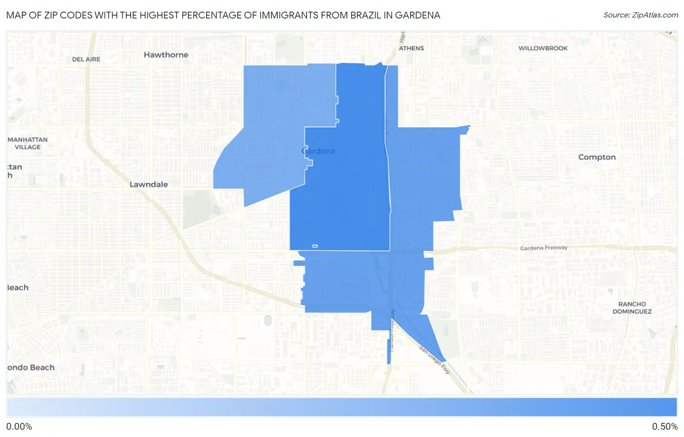 Zip Codes with the Highest Percentage of Immigrants from Brazil in Gardena Map