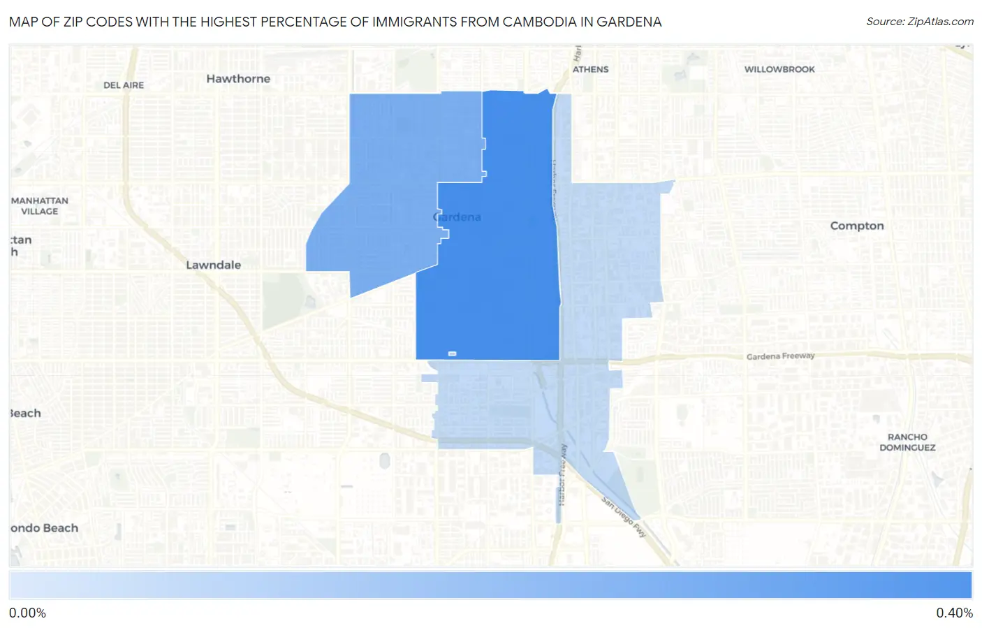 Zip Codes with the Highest Percentage of Immigrants from Cambodia in Gardena Map