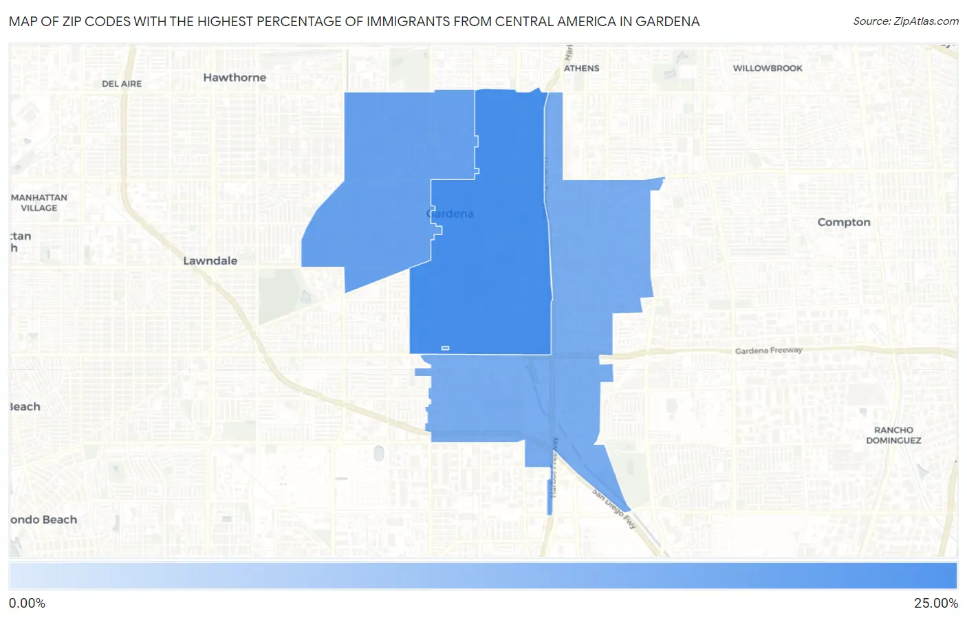 Zip Codes with the Highest Percentage of Immigrants from Central America in Gardena Map