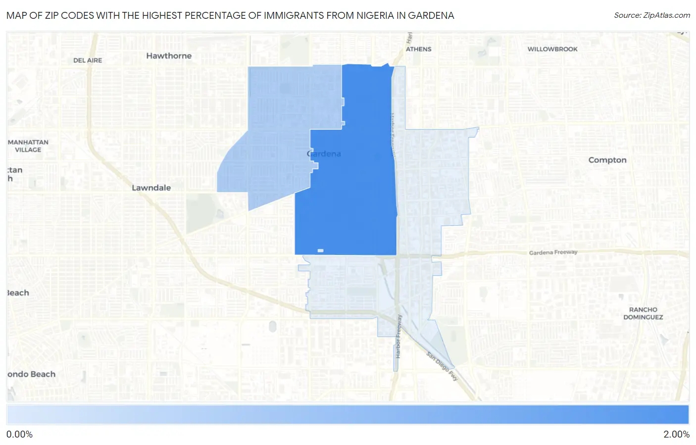 Zip Codes with the Highest Percentage of Immigrants from Nigeria in Gardena Map