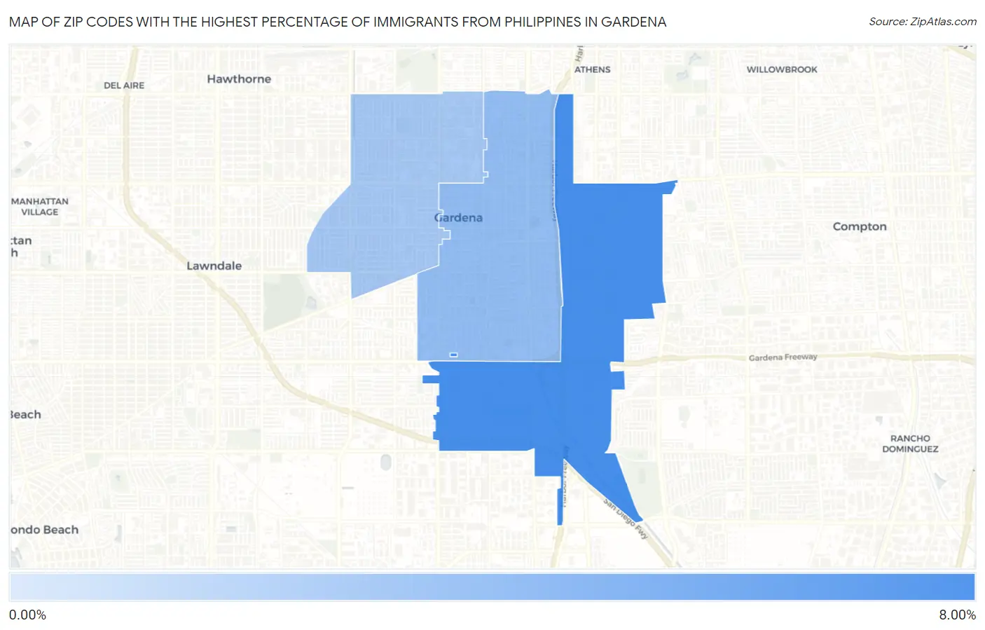 Zip Codes with the Highest Percentage of Immigrants from Philippines in Gardena Map