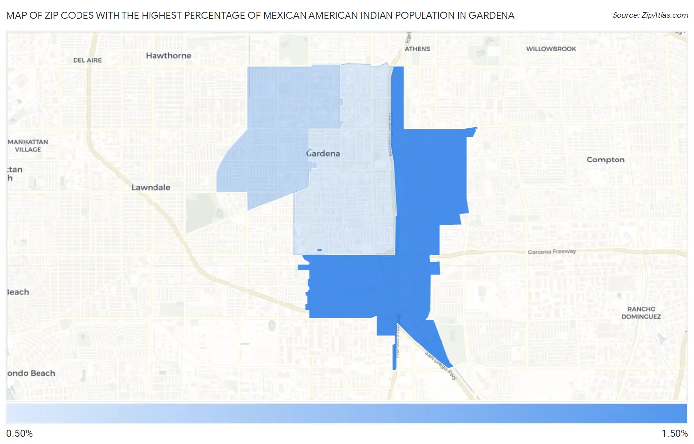 Zip Codes with the Highest Percentage of Mexican American Indian Population in Gardena Map