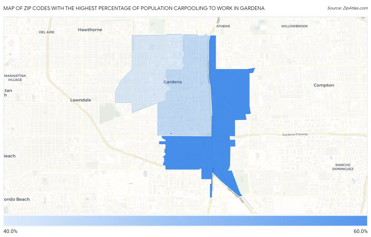 Zip Codes with the Highest Percentage of Population Carpooling to Work in Gardena Map