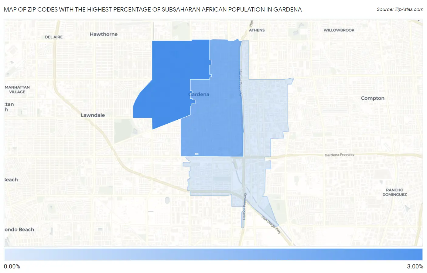 Zip Codes with the Highest Percentage of Subsaharan African Population in Gardena Map