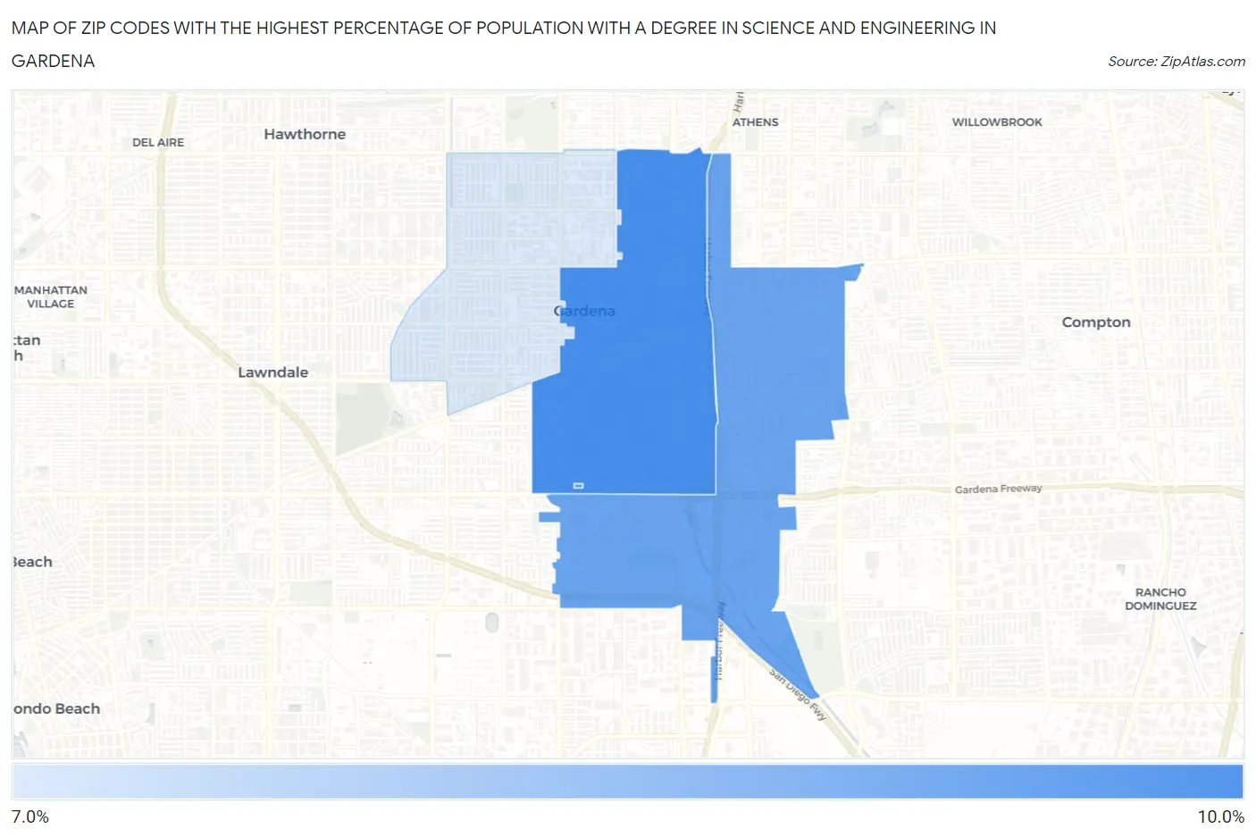 Zip Codes with the Highest Percentage of Population with a Degree in Science and Engineering in Gardena Map
