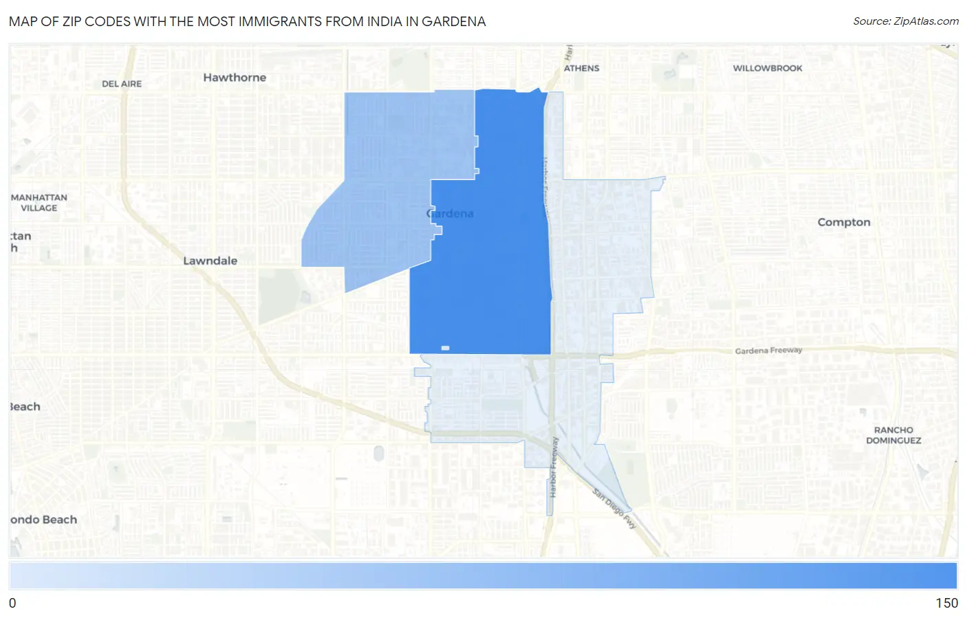 Zip Codes with the Most Immigrants from India in Gardena Map