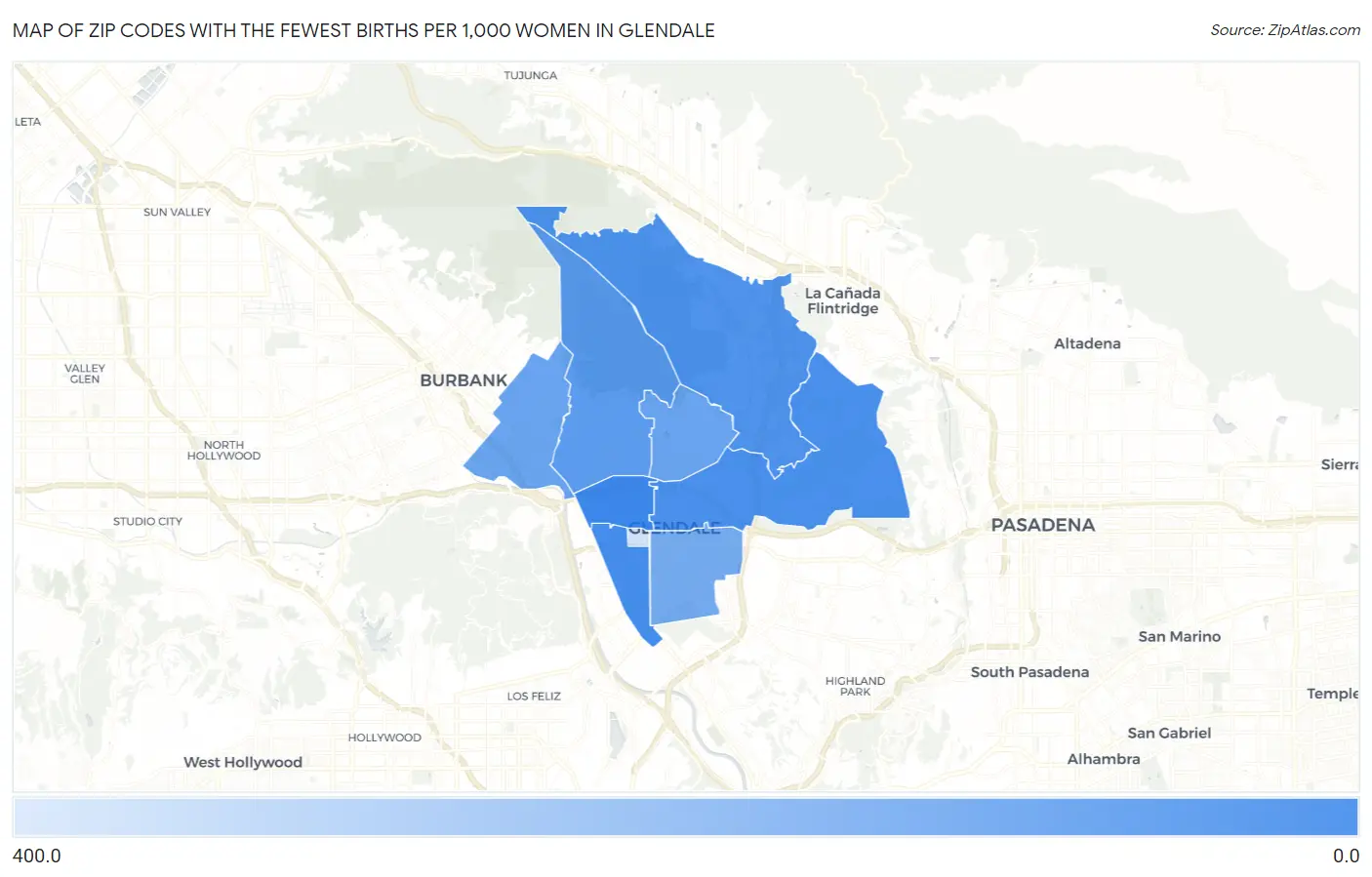 Zip Codes with the Fewest Births per 1,000 Women in Glendale Map