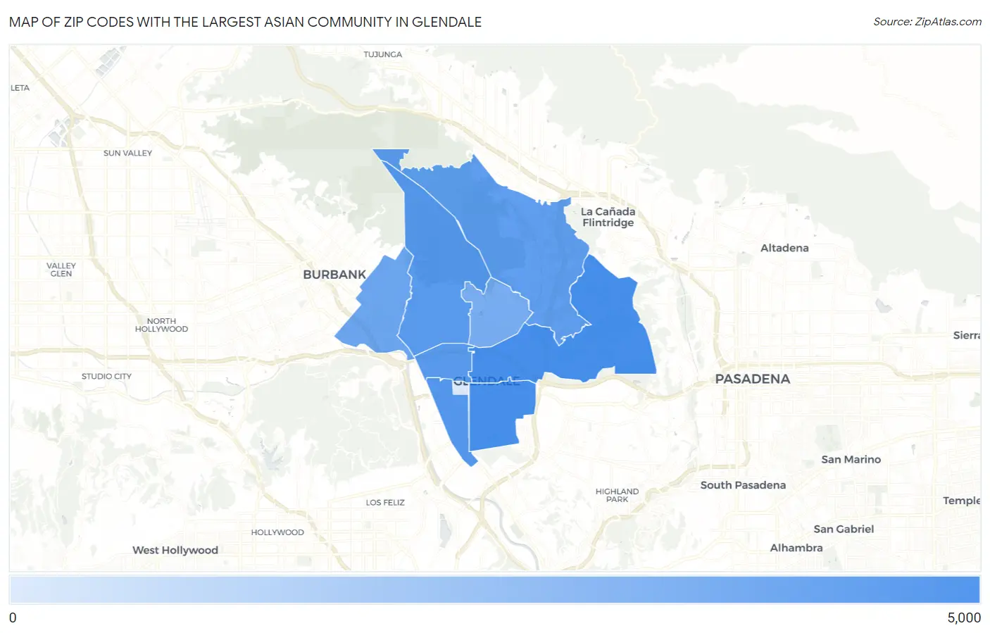 Zip Codes with the Largest Asian Community in Glendale Map