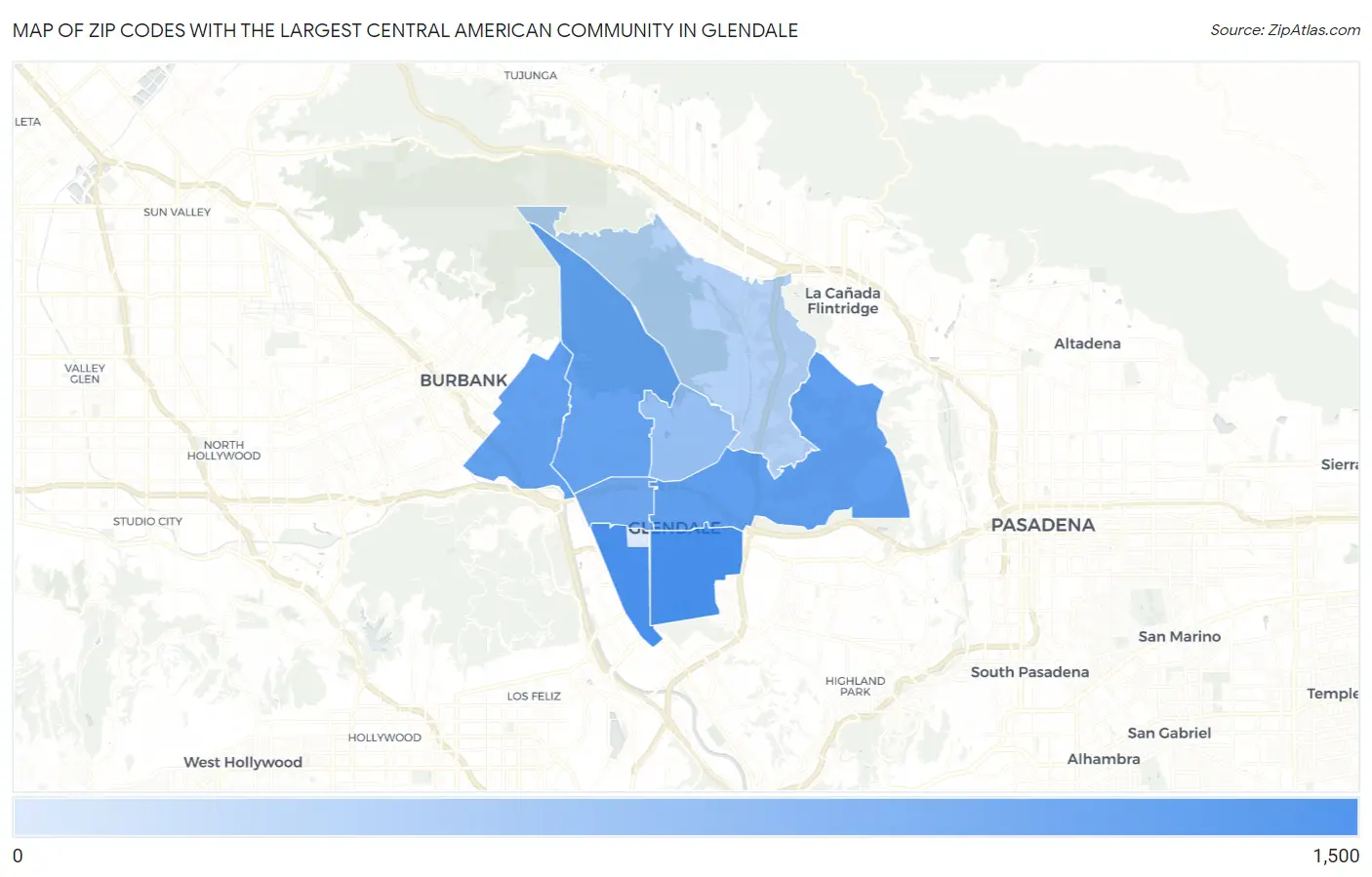 Zip Codes with the Largest Central American Community in Glendale Map
