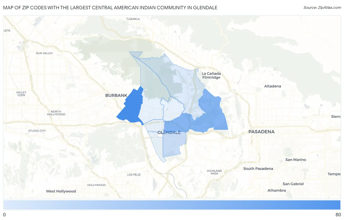 Zip Codes with the Largest Central American Indian Community in Glendale Map