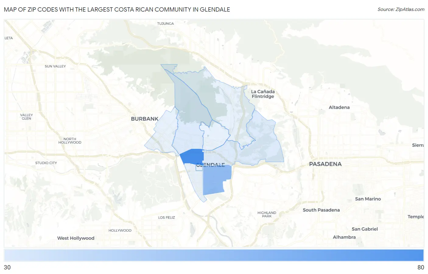 Zip Codes with the Largest Costa Rican Community in Glendale Map