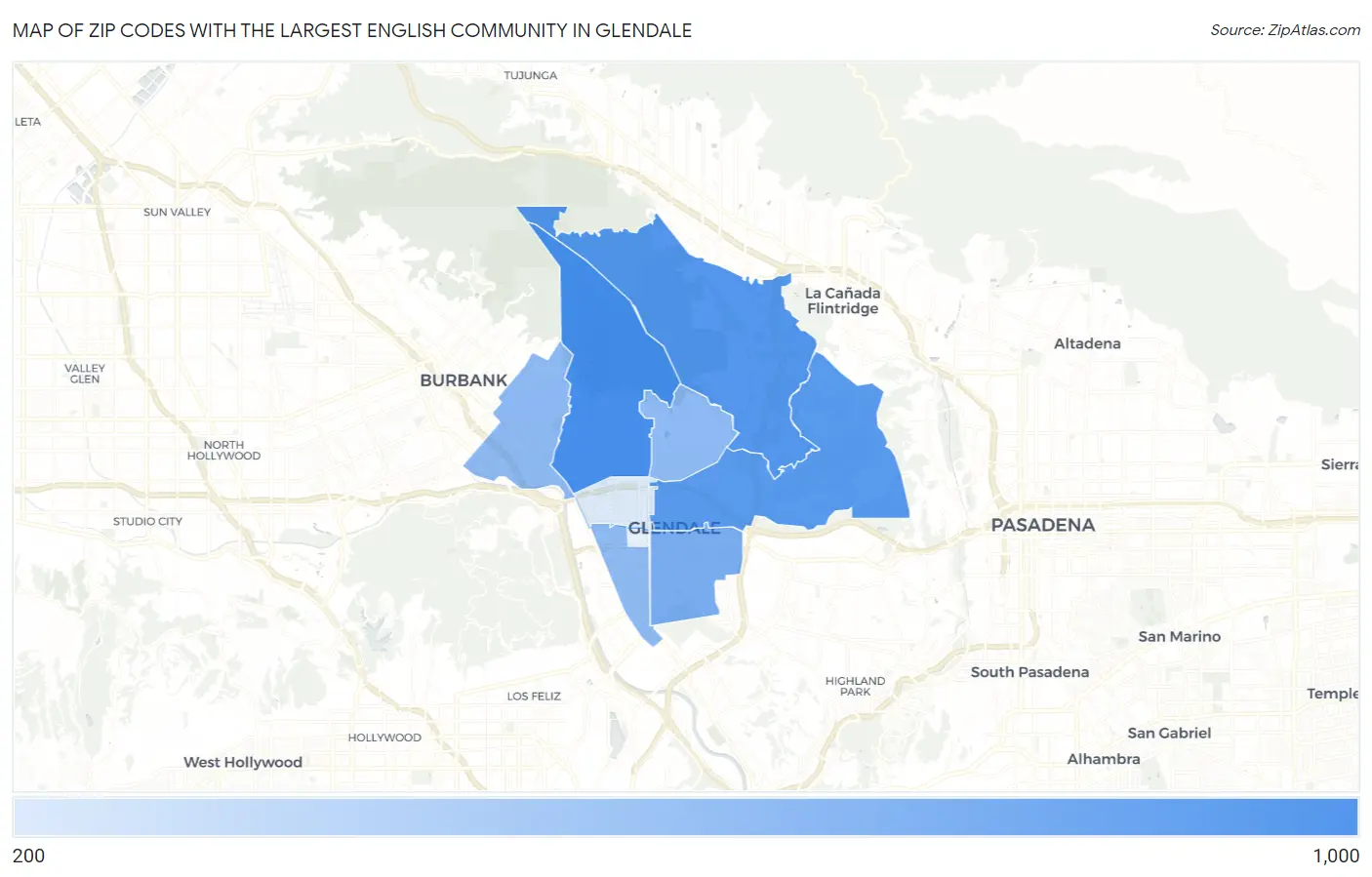 Zip Codes with the Largest English Community in Glendale Map