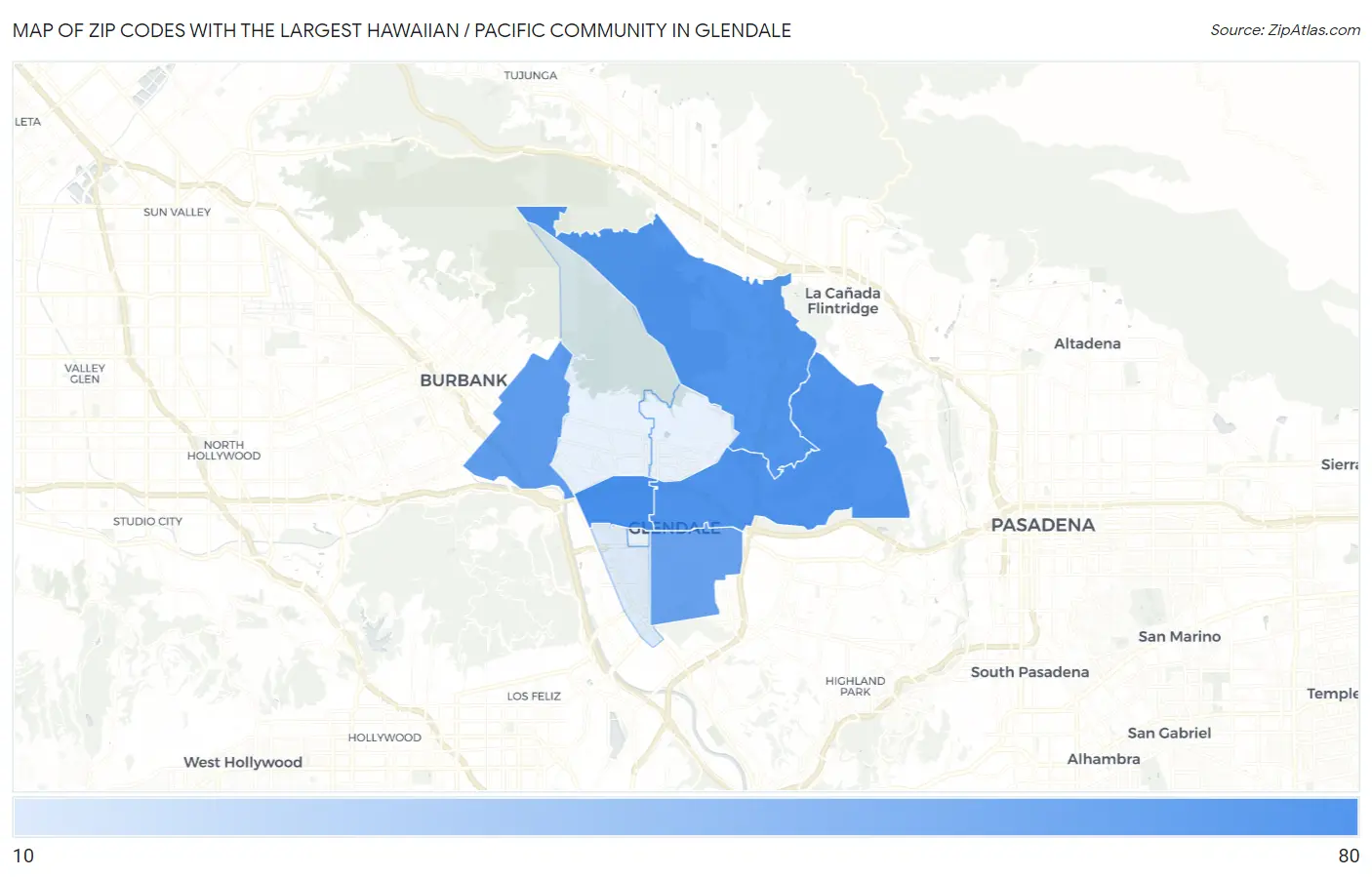 Zip Codes with the Largest Hawaiian / Pacific Community in Glendale Map