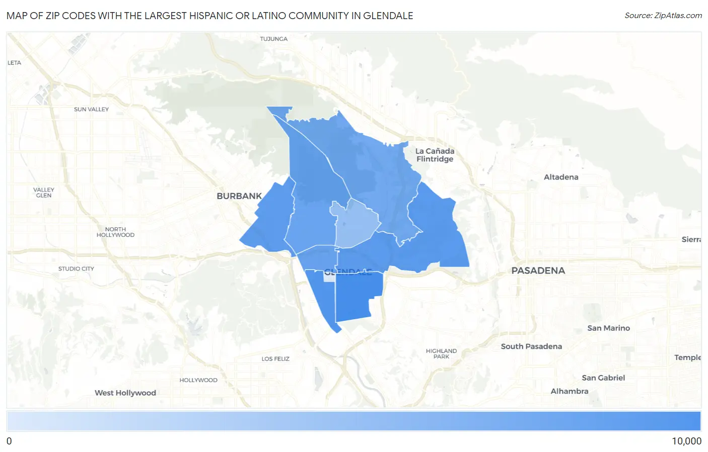 Zip Codes with the Largest Hispanic or Latino Community in Glendale Map