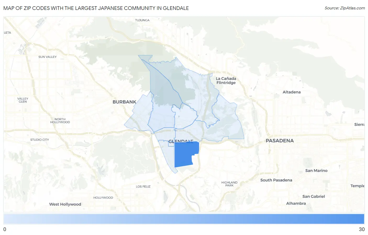 Zip Codes with the Largest Japanese Community in Glendale Map