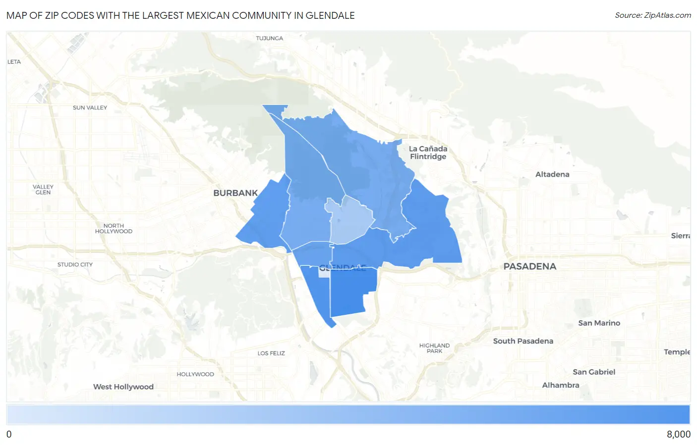 Zip Codes with the Largest Mexican Community in Glendale Map