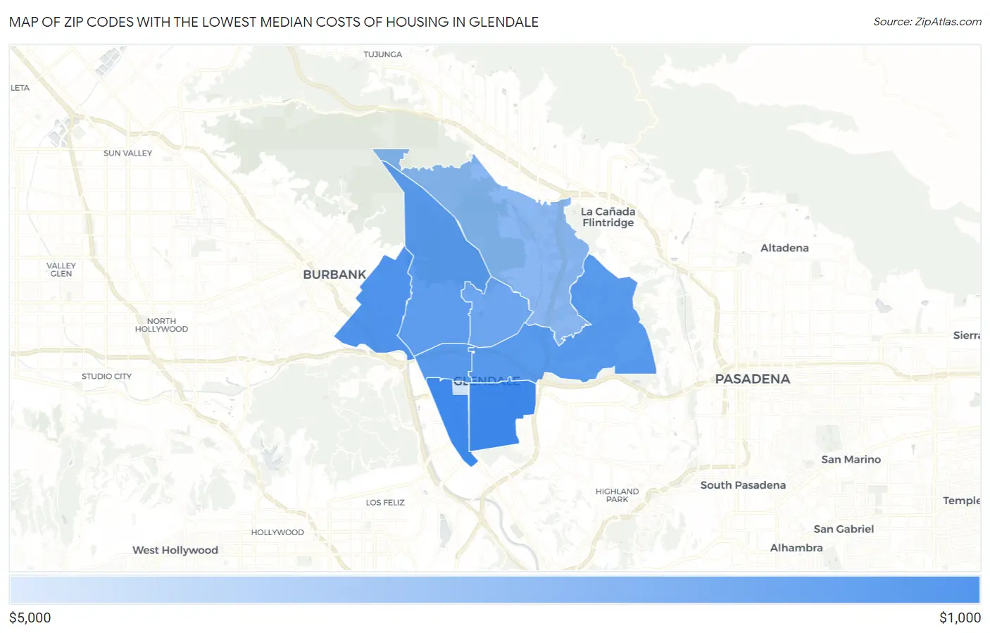 Zip Codes with the Lowest Median Costs of Housing in Glendale Map