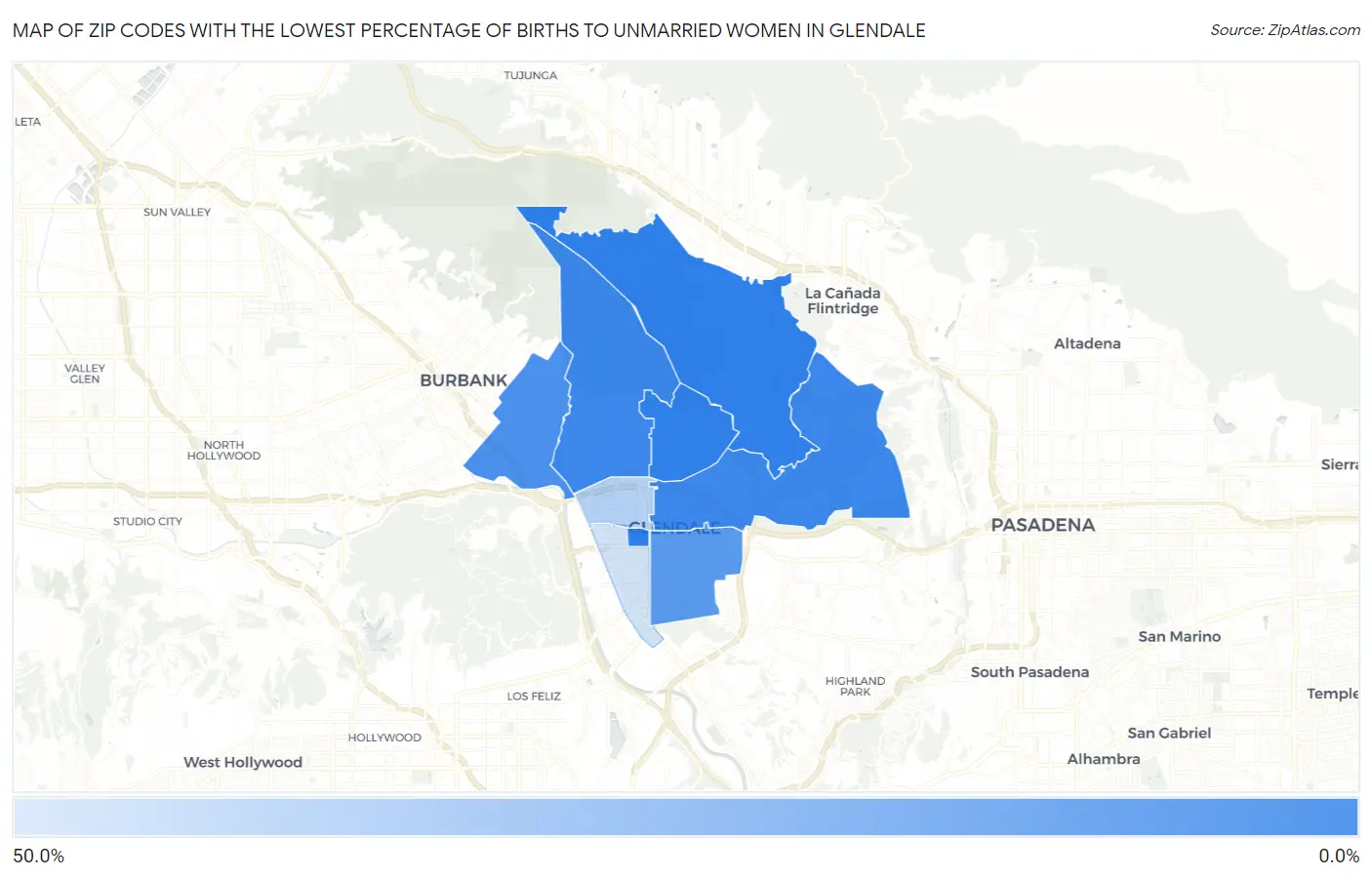 Zip Codes with the Lowest Percentage of Births to Unmarried Women in Glendale Map