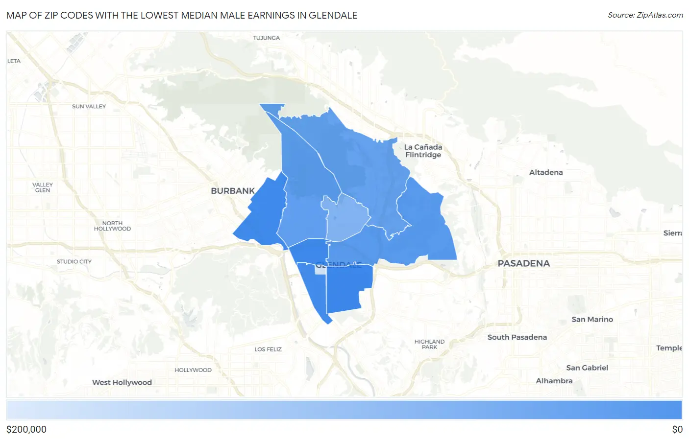 Zip Codes with the Lowest Median Male Earnings in Glendale Map