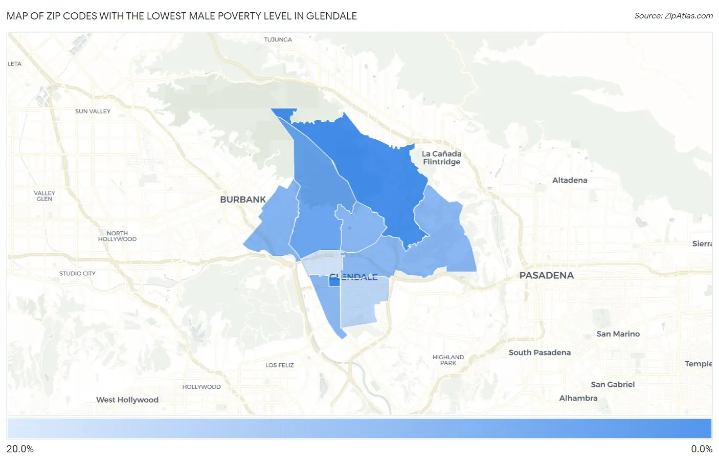 Zip Codes with the Lowest Male Poverty Level in Glendale Map
