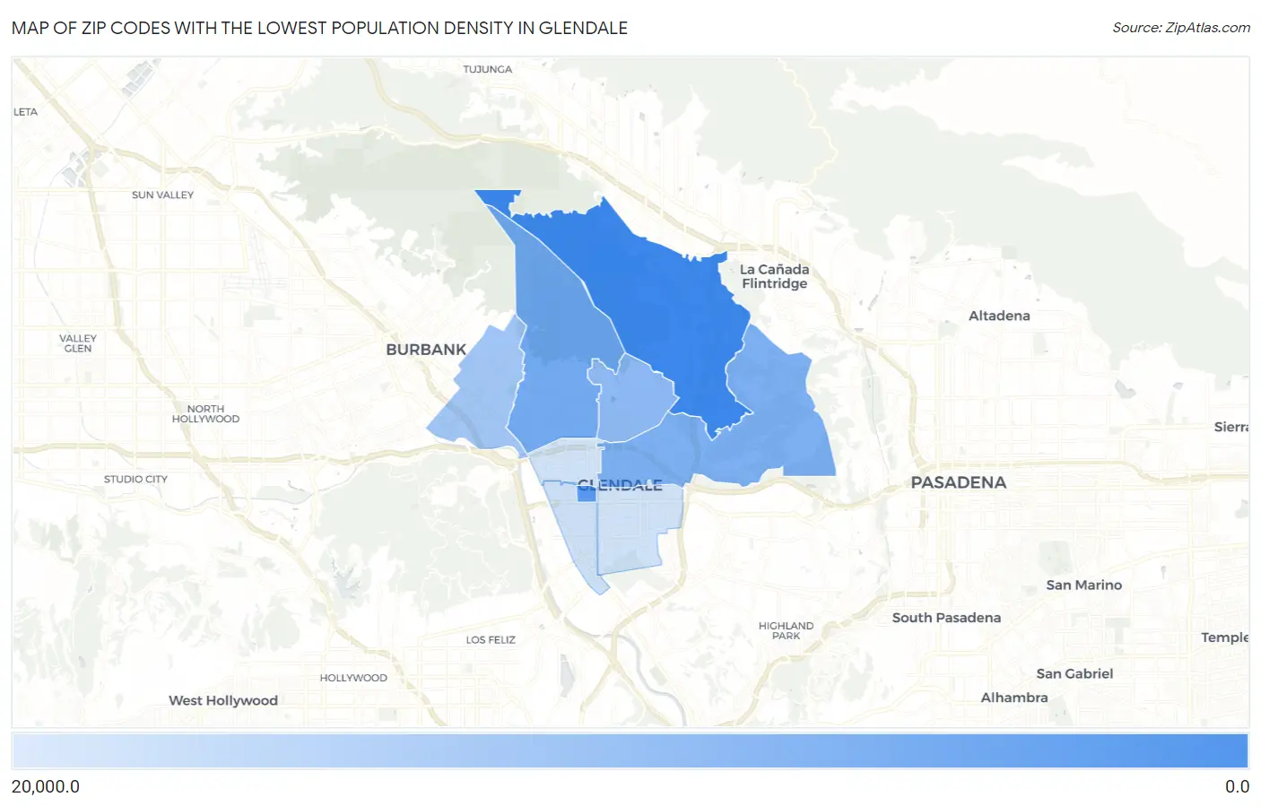 Zip Codes with the Lowest Population Density in Glendale Map