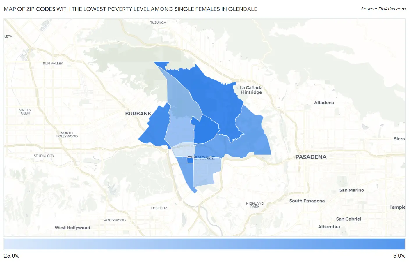 Zip Codes with the Lowest Poverty Level Among Single Females in Glendale Map