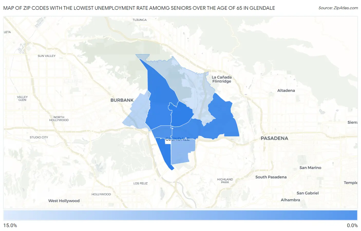 Zip Codes with the Lowest Unemployment Rate Amomg Seniors Over the Age of 65 in Glendale Map