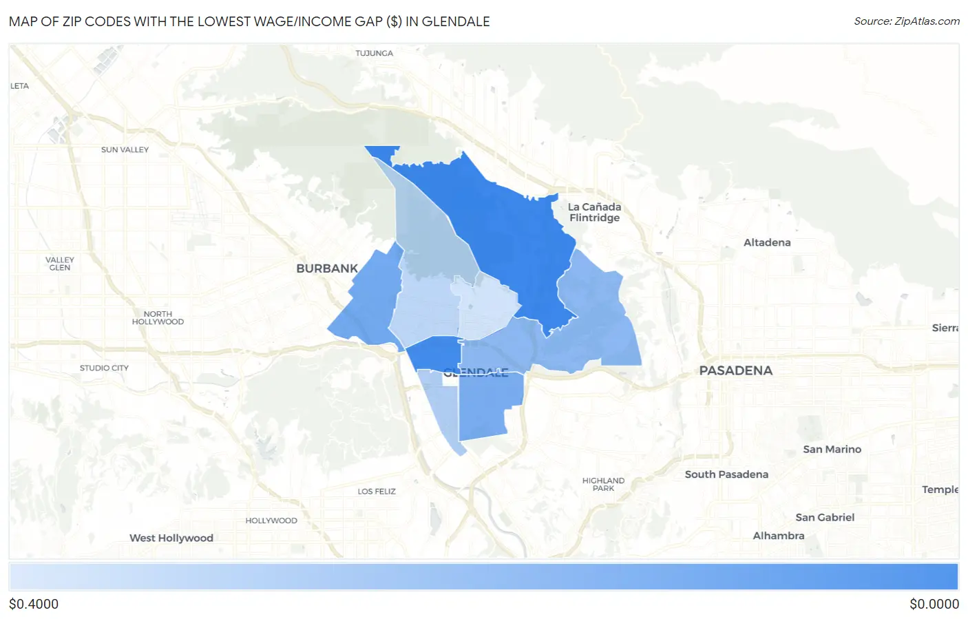 Zip Codes with the Lowest Wage/Income Gap ($) in Glendale Map