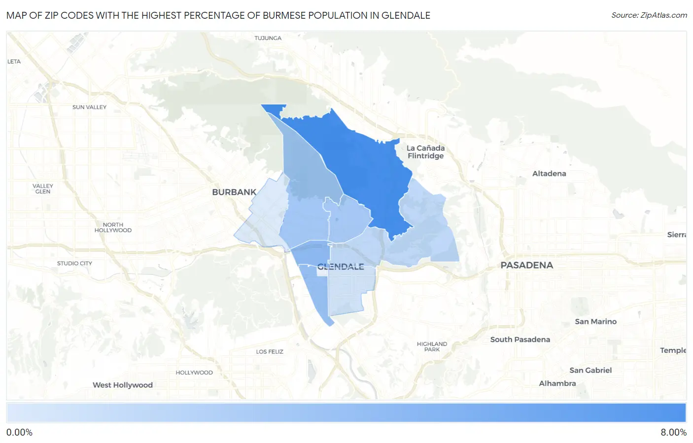 Zip Codes with the Highest Percentage of Burmese Population in Glendale Map