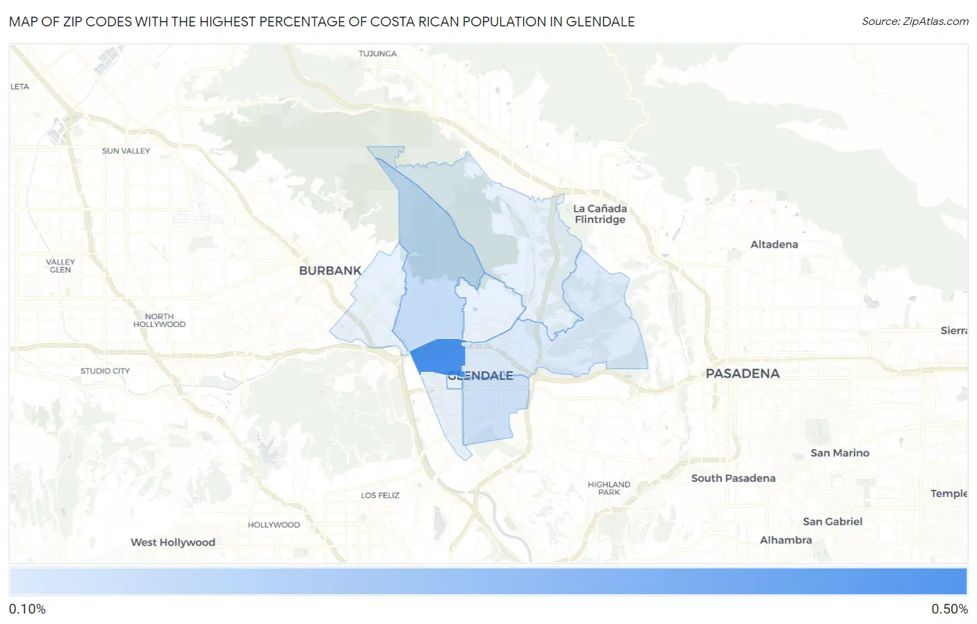 Zip Codes with the Highest Percentage of Costa Rican Population in Glendale Map