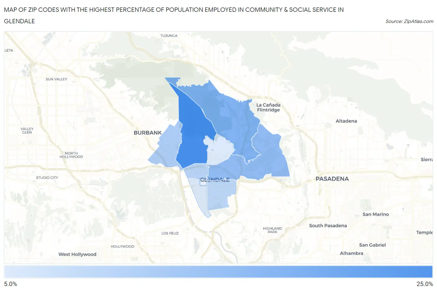 Zip Codes with the Highest Percentage of Population Employed in Community & Social Service  in Glendale Map