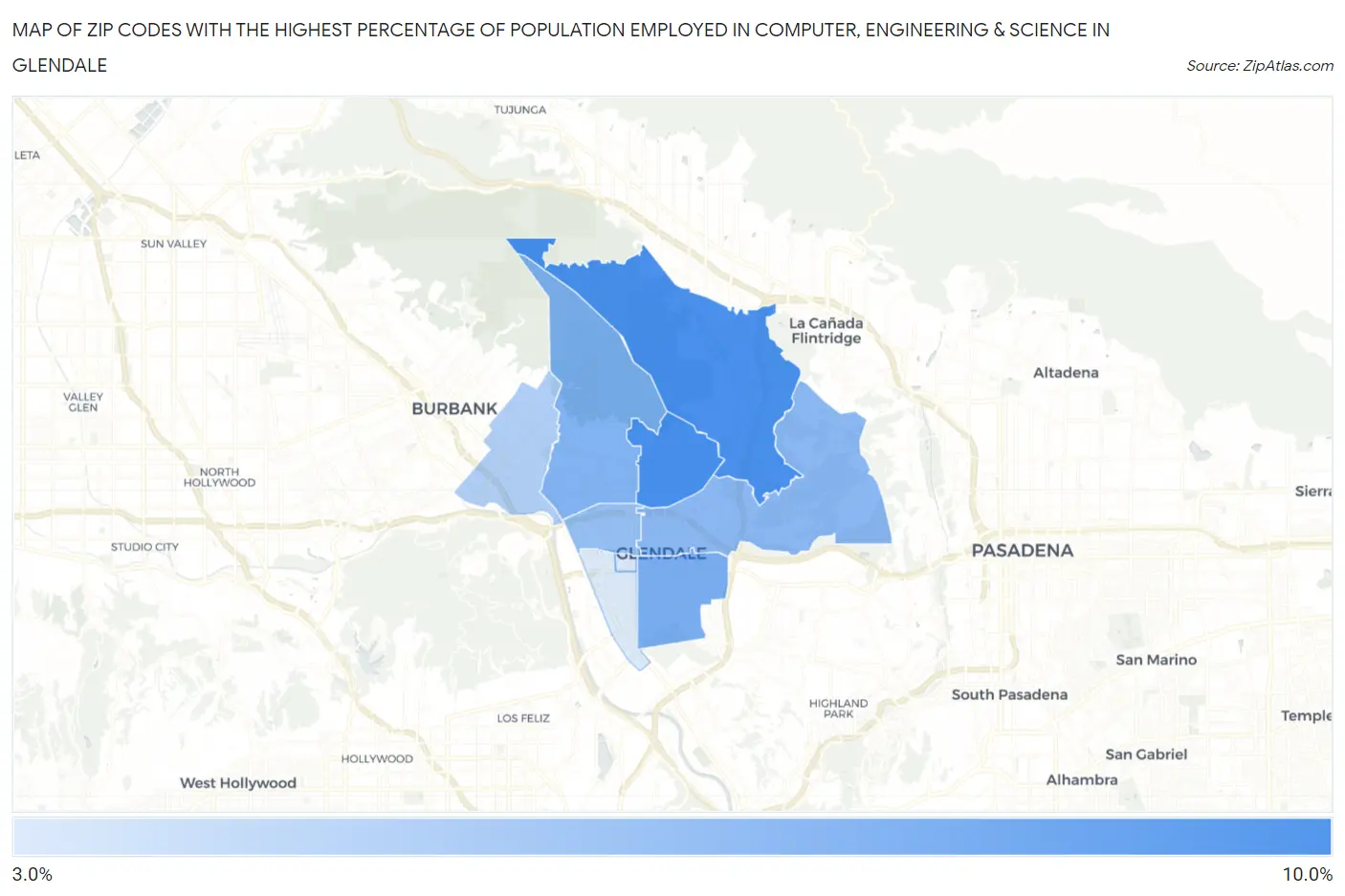 Zip Codes with the Highest Percentage of Population Employed in Computer, Engineering & Science in Glendale Map