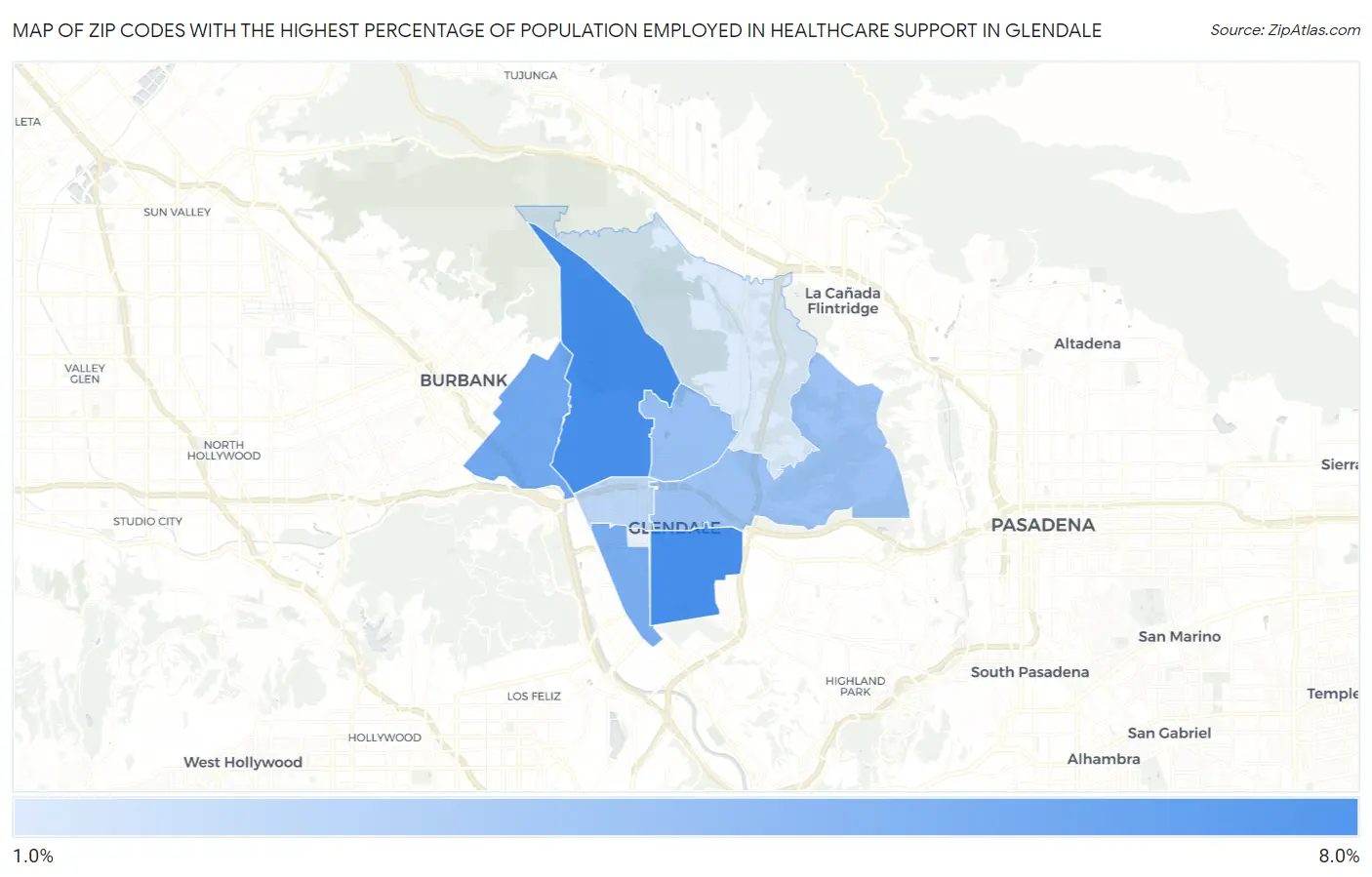 Zip Codes with the Highest Percentage of Population Employed in Healthcare Support in Glendale Map