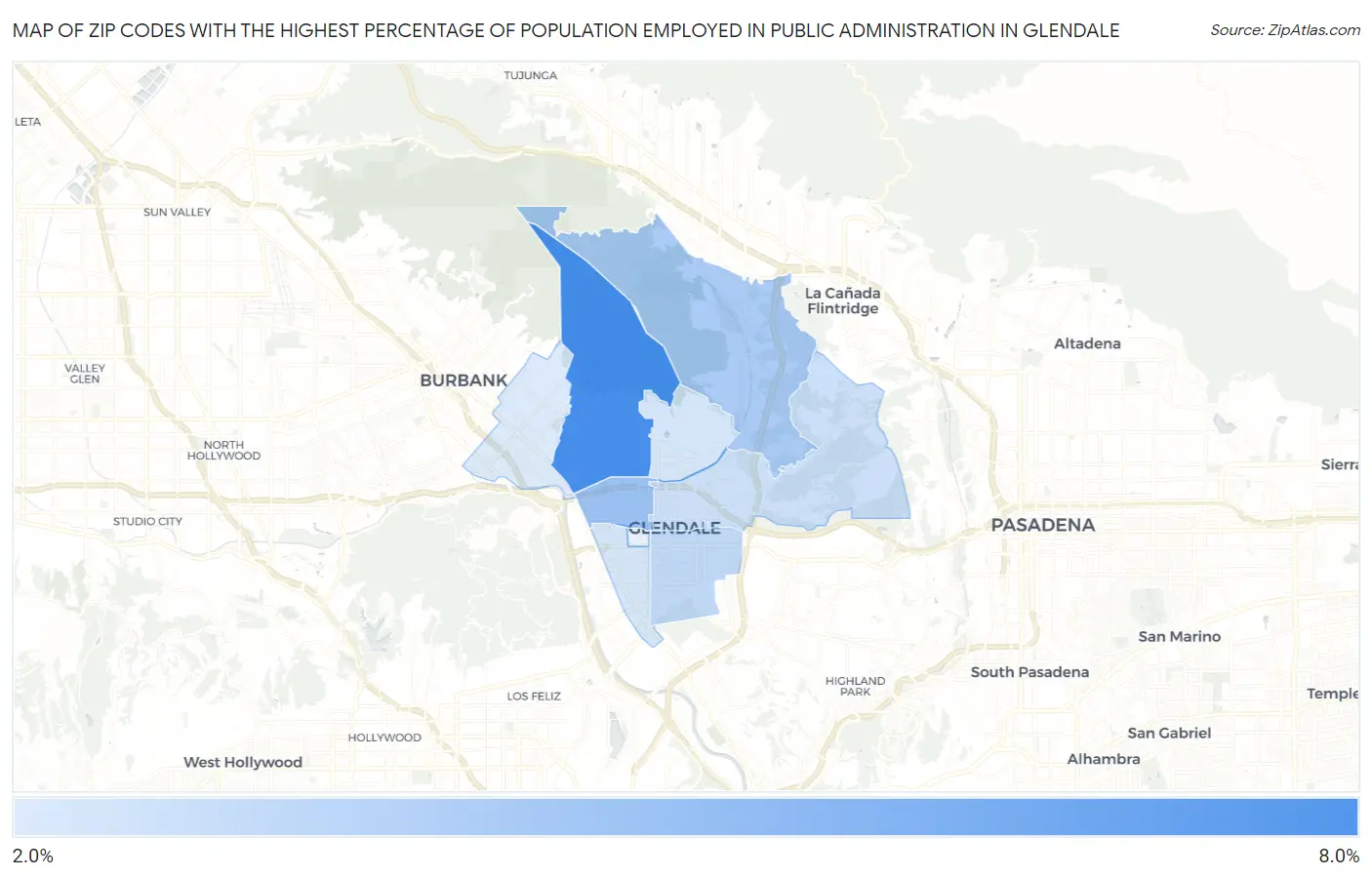Zip Codes with the Highest Percentage of Population Employed in Public Administration in Glendale Map