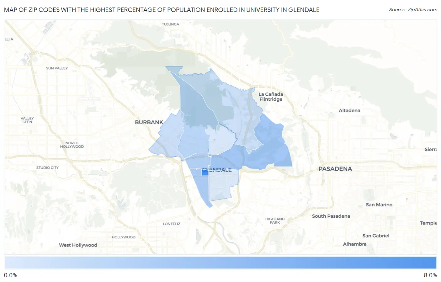 Zip Codes with the Highest Percentage of Population Enrolled in University in Glendale Map