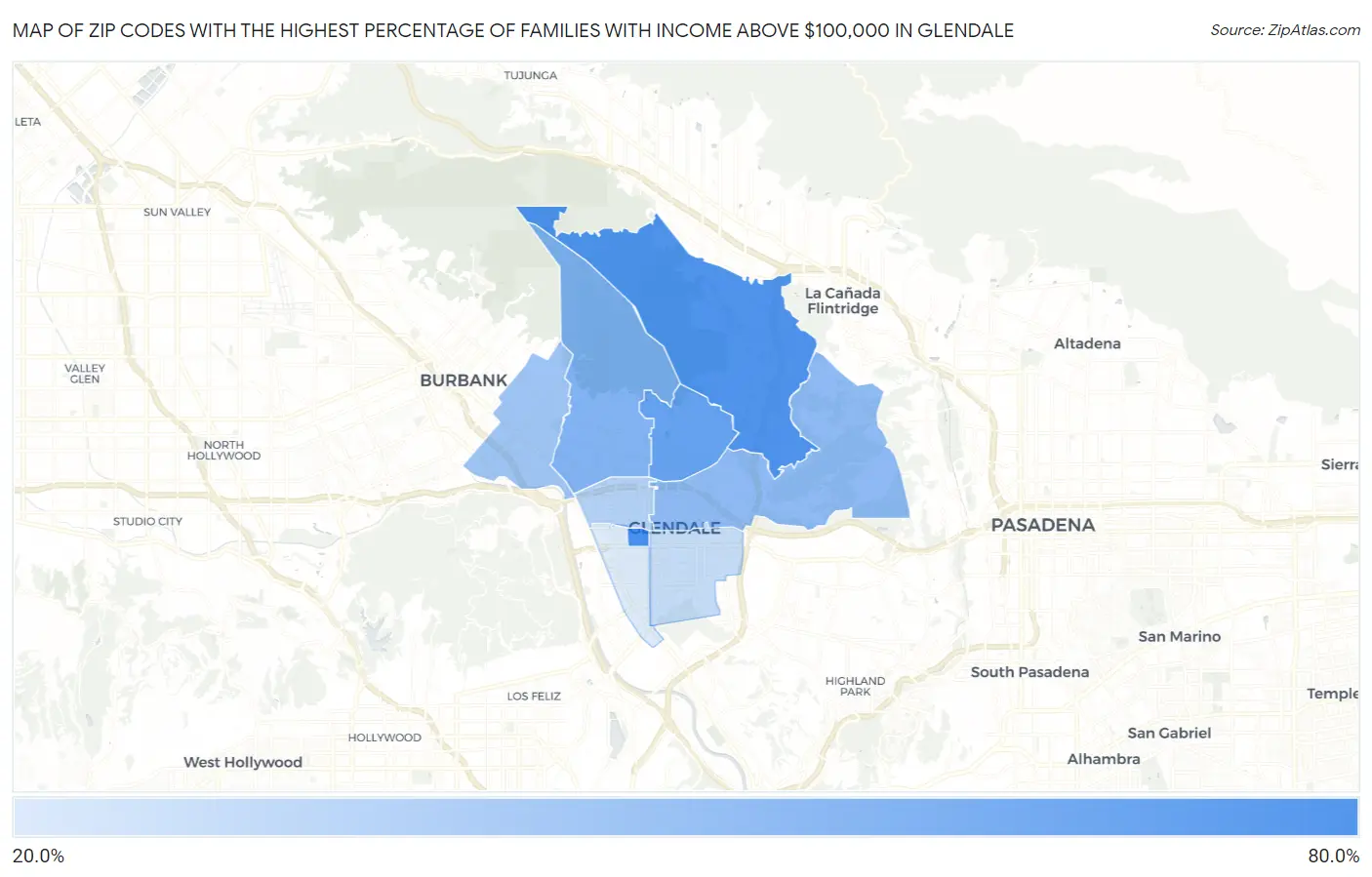 Zip Codes with the Highest Percentage of Families with Income Above $100,000 in Glendale Map